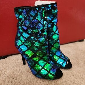 Qupid Iridescent Sequin Peep-Toe Heeled Booties - Blue Green